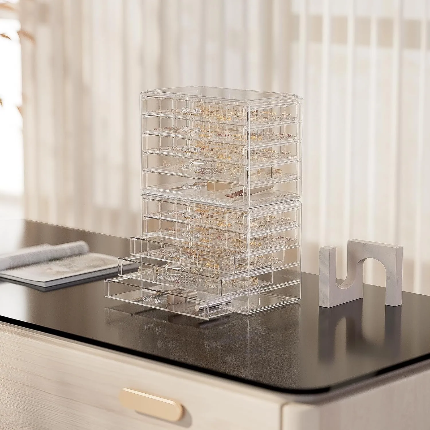 ProCase Acrylic Earrings Holder Organizer Box, Large Clear Earring Jewelry Storage Organizer Box Transparent Stackable Drawers Jewelry Display for Earrings Necklace Bracelets Rings - 10 Layers