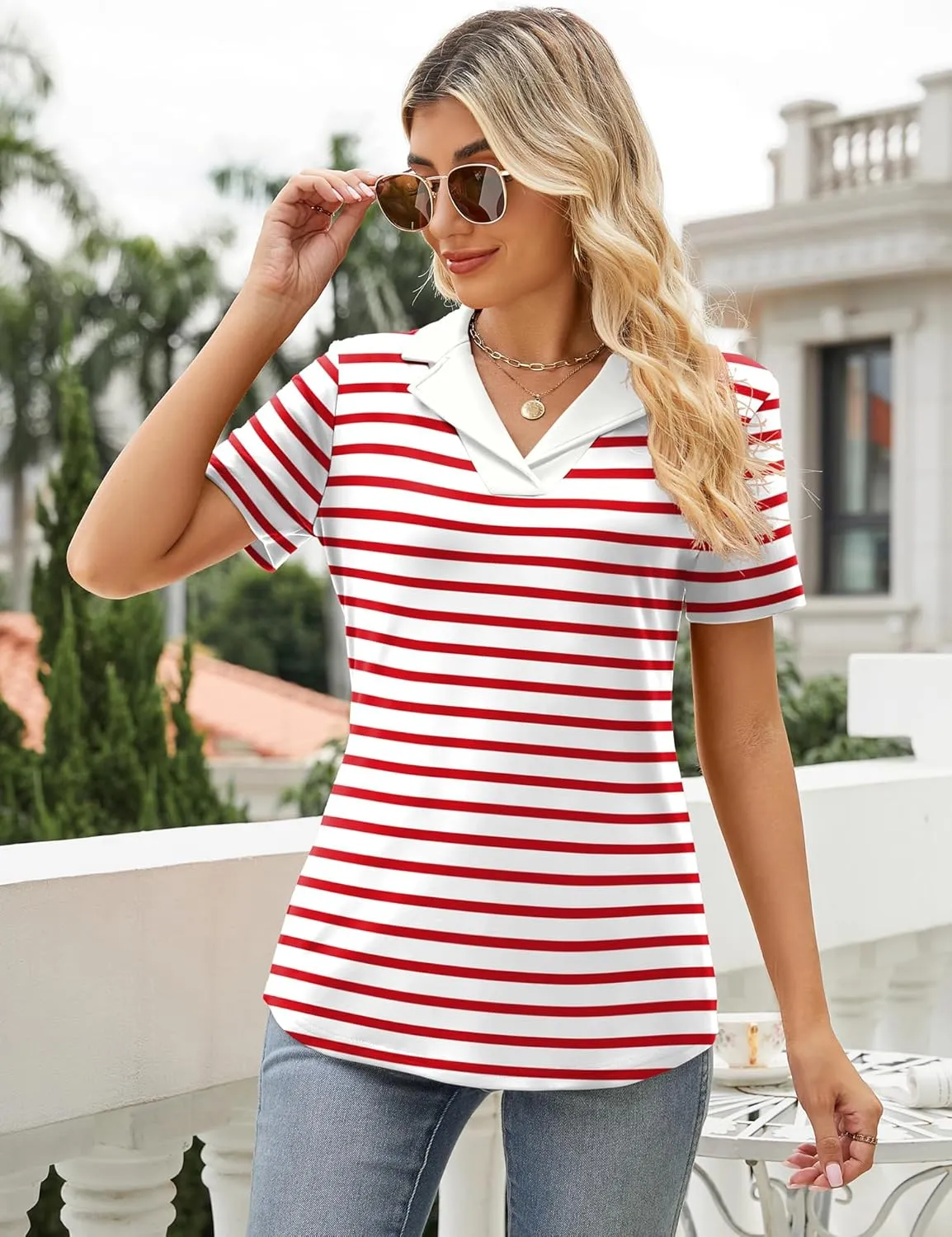 Rapbin Women's Polo Shirts Lapel Collar V Neck Short Sleeve Blouse Dressy Casual Tunic Tops