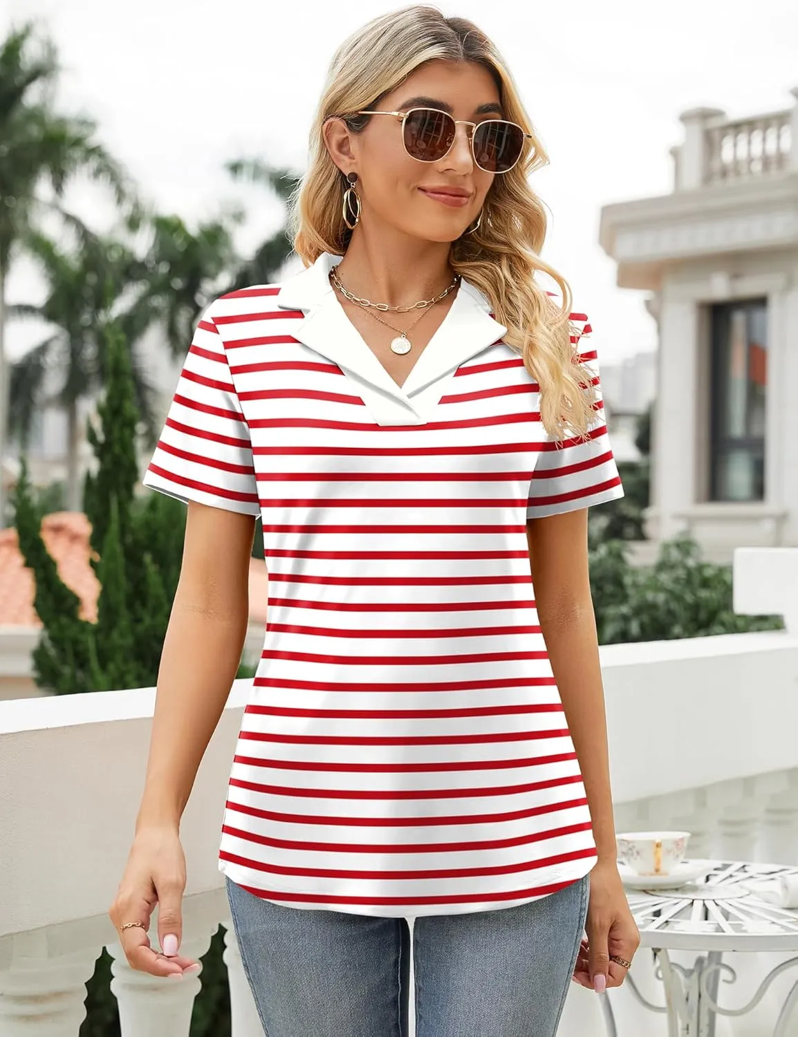 Rapbin Women's Polo Shirts Lapel Collar V Neck Short Sleeve Blouse Dressy Casual Tunic Tops