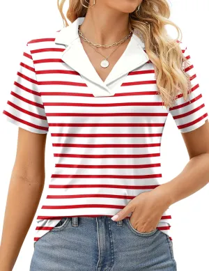 Rapbin Women's Polo Shirts Lapel Collar V Neck Short Sleeve Blouse Dressy Casual Tunic Tops
