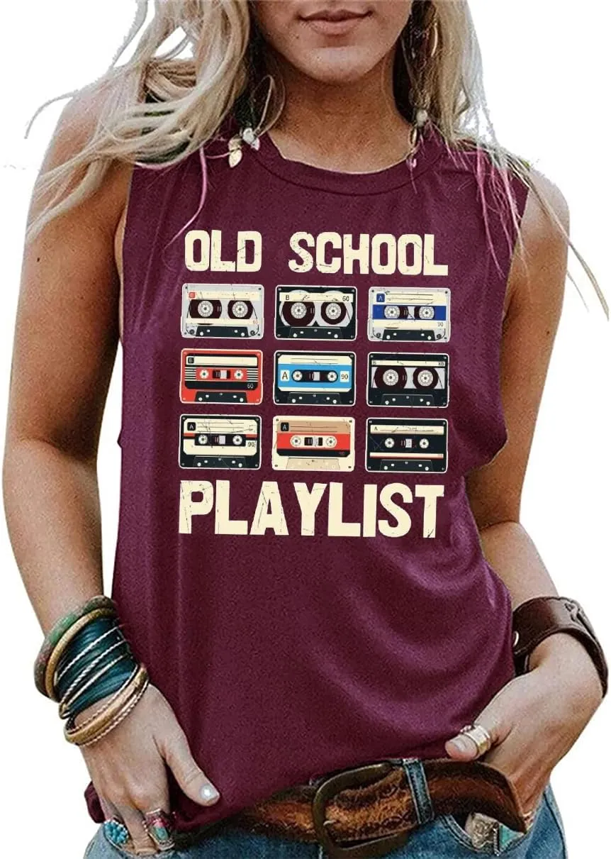 Retro 80s Tank Tops Women Vintage Cassette Tape Graphic Tees Old School Playlist Shirt Casual Loose Sleeveless Tops