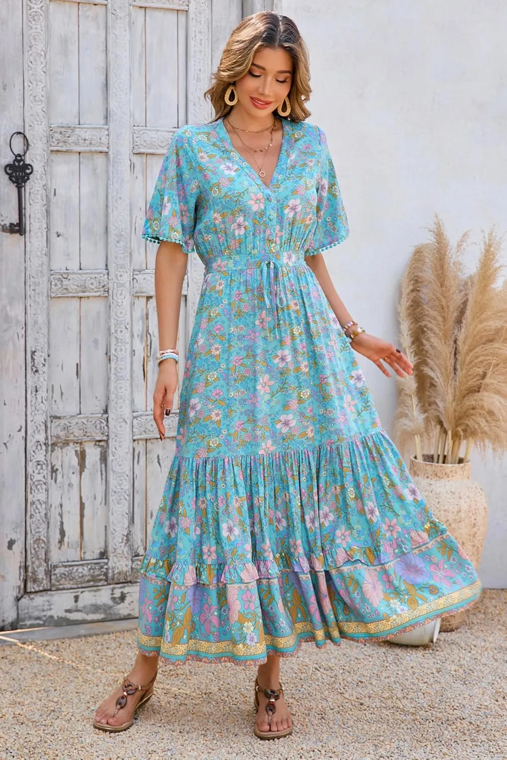 R.Vivimos Womens Summer Cotton Short Sleeve V Neck Floral Print Casual Bohemian Midi Dresses