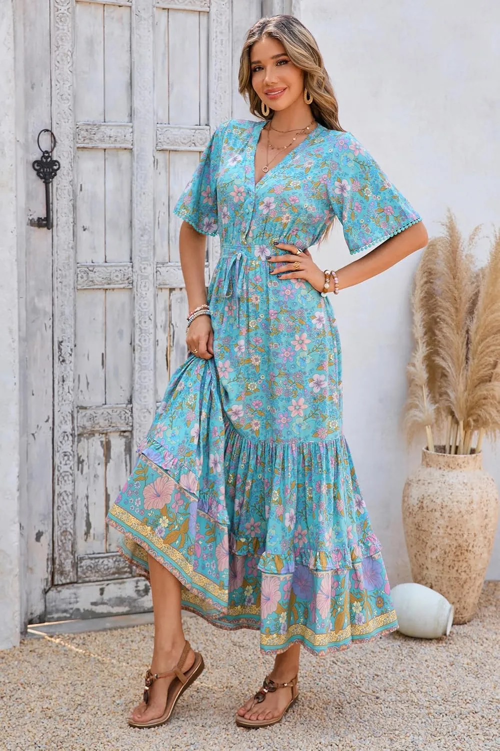 R.Vivimos Womens Summer Cotton Short Sleeve V Neck Floral Print Casual Bohemian Midi Dresses