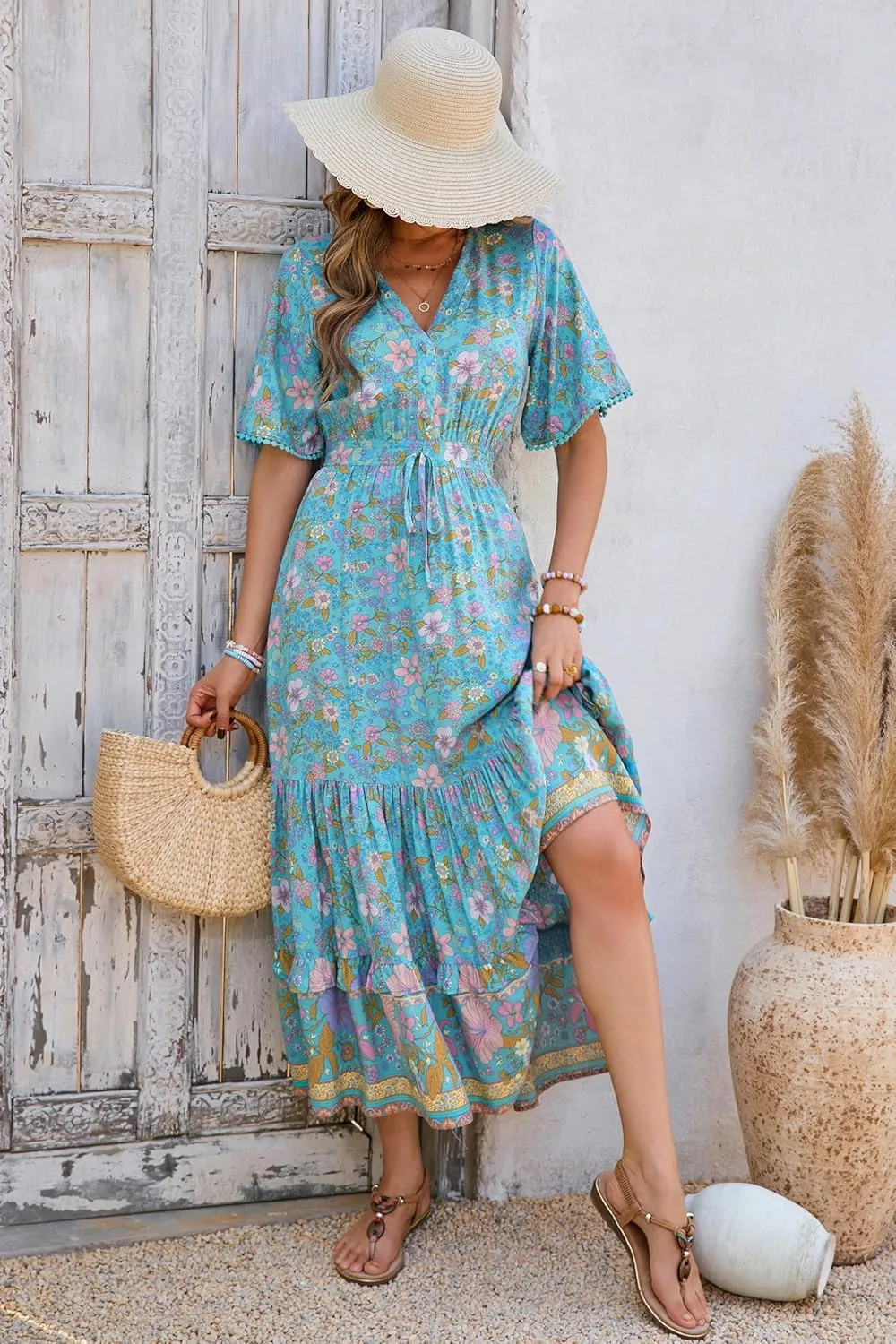R.Vivimos Womens Summer Cotton Short Sleeve V Neck Floral Print Casual Bohemian Midi Dresses