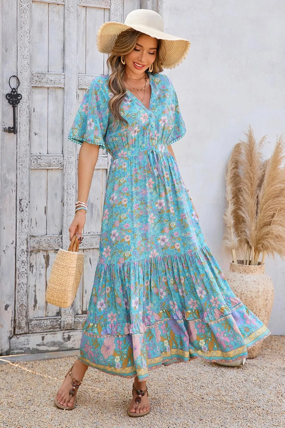 R.Vivimos Womens Summer Cotton Short Sleeve V Neck Floral Print Casual Bohemian Midi Dresses