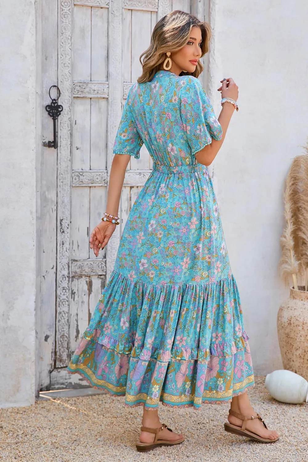 R.Vivimos Womens Summer Cotton Short Sleeve V Neck Floral Print Casual Bohemian Midi Dresses