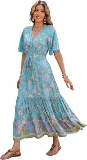 R.Vivimos Womens Summer Cotton Short Sleeve V Neck Floral Print Casual Bohemian Midi Dresses