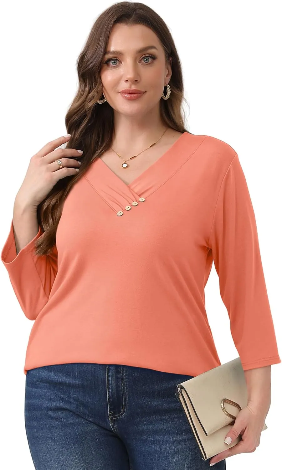 SAMPEEL V Neck Blouses for Women Dressy Casaul 3/4 Length Sleeve Womens Tops Button Down Shirts
