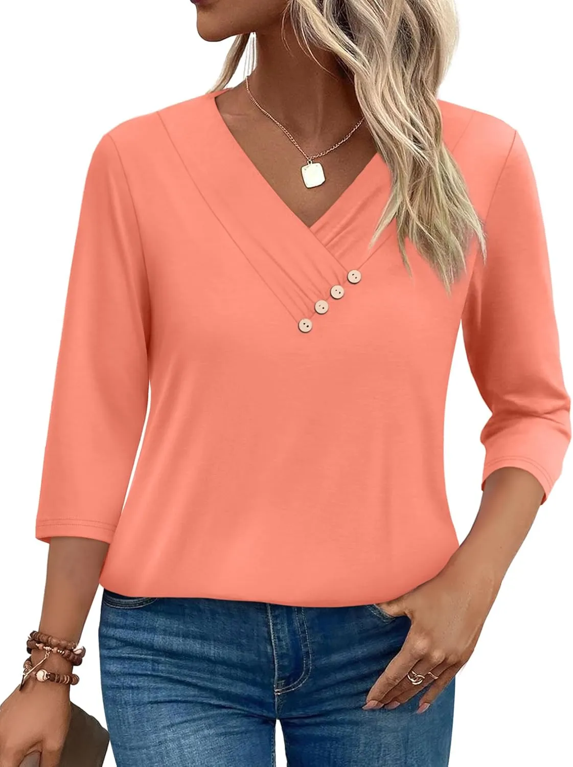SAMPEEL V Neck Blouses for Women Dressy Casaul 3/4 Length Sleeve Womens Tops Button Down Shirts