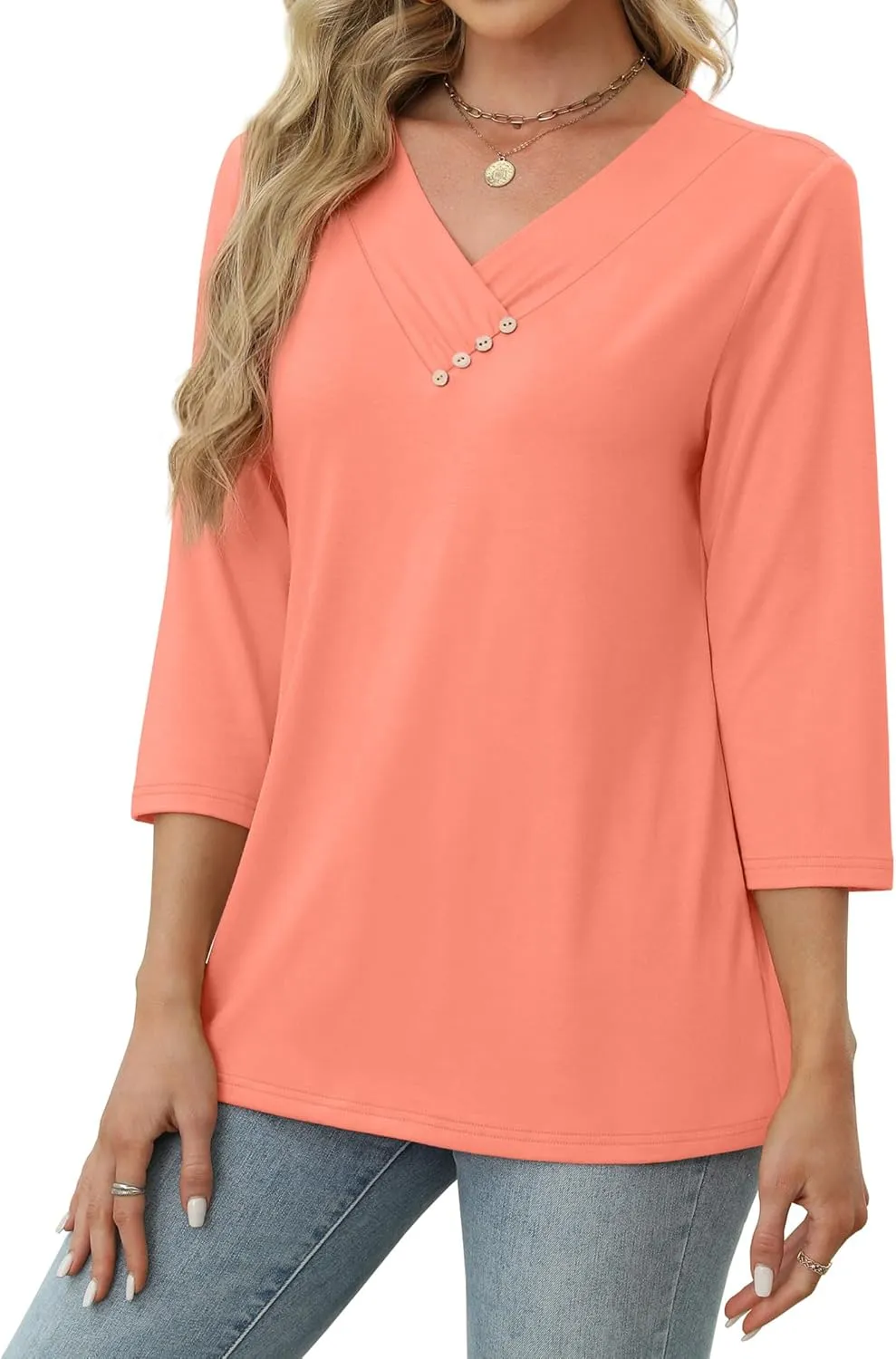 SAMPEEL V Neck Blouses for Women Dressy Casaul 3/4 Length Sleeve Womens Tops Button Down Shirts