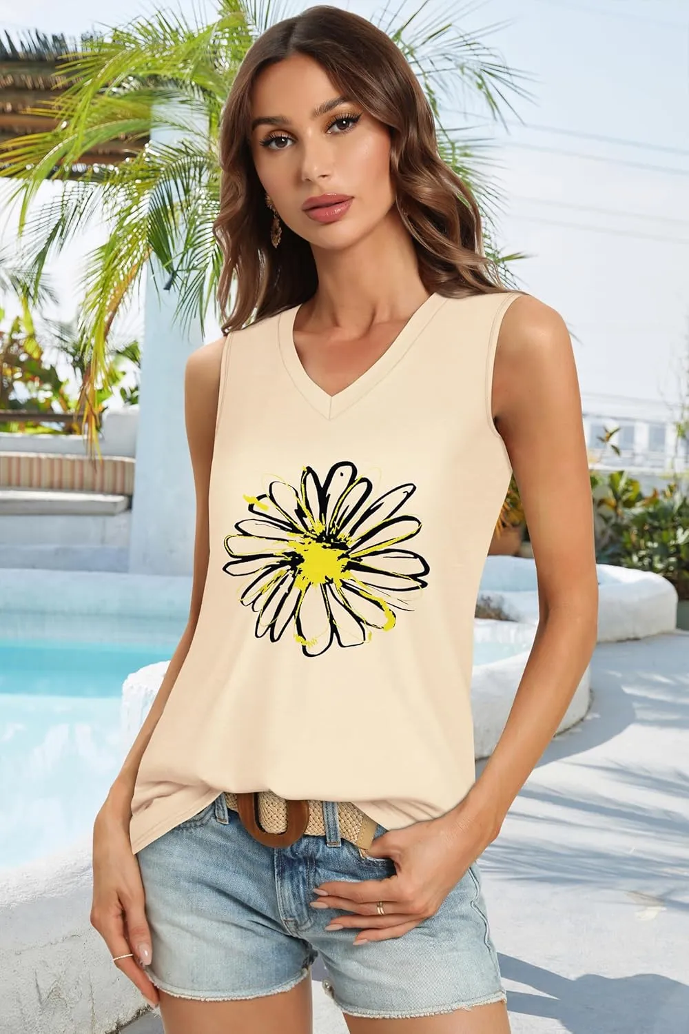 Summer Tops for Women Sleeveless V Neck Tshirt Loose Fit Casual Tank Tunic Blouse