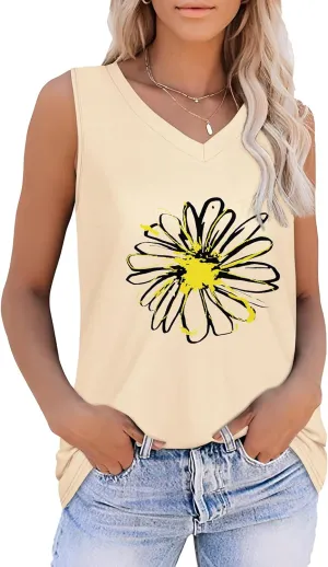 Summer Tops for Women Sleeveless V Neck Tshirt Loose Fit Casual Tank Tunic Blouse