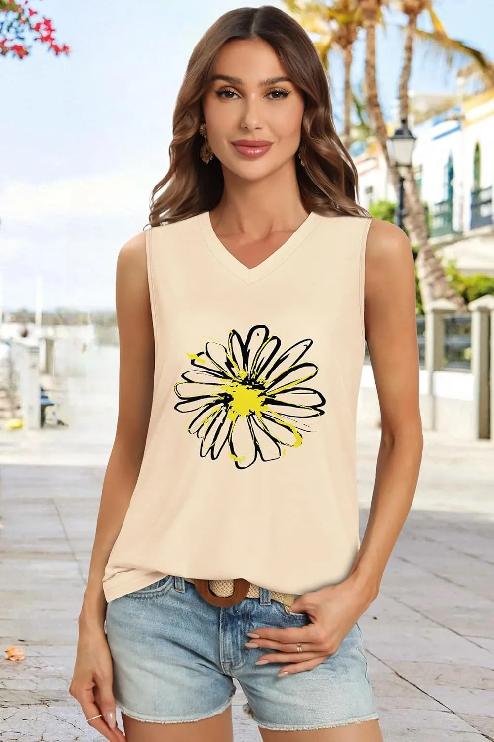 Summer Tops for Women Sleeveless V Neck Tshirt Loose Fit Casual Tank Tunic Blouse