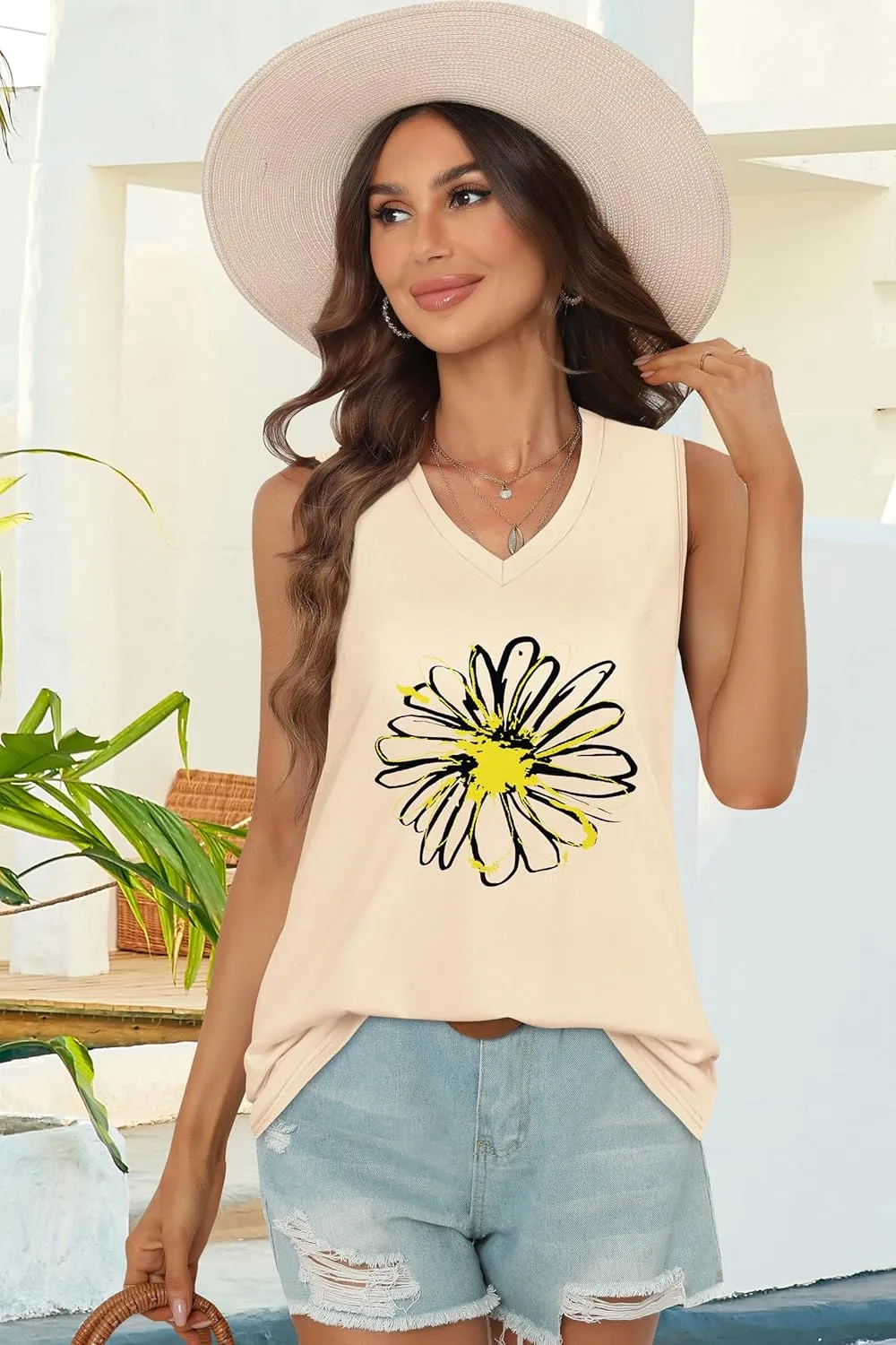 Summer Tops for Women Sleeveless V Neck Tshirt Loose Fit Casual Tank Tunic Blouse