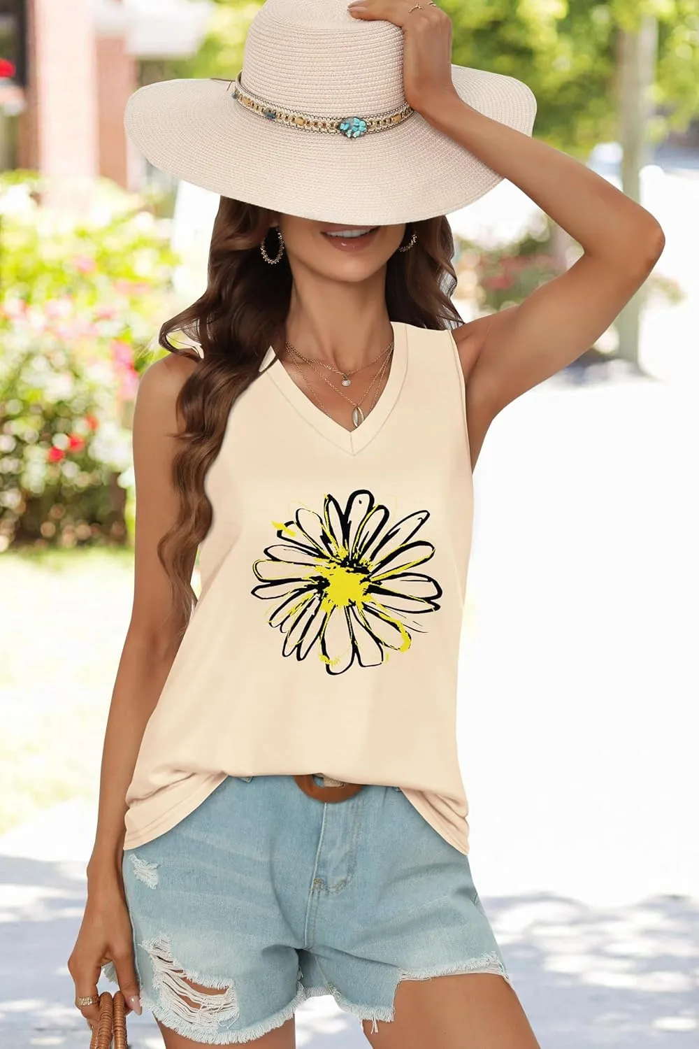 Summer Tops for Women Sleeveless V Neck Tshirt Loose Fit Casual Tank Tunic Blouse