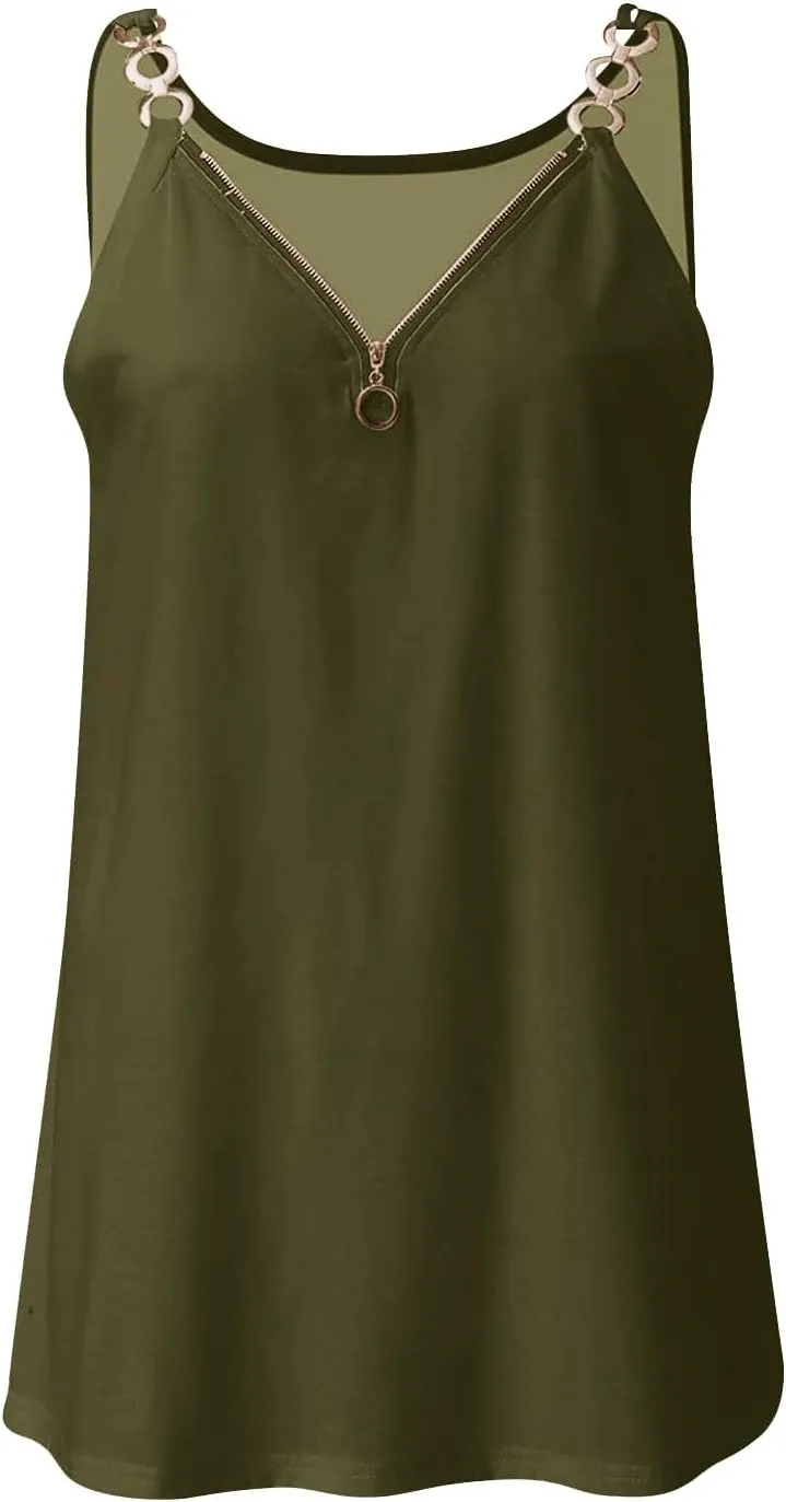 Tank Top for Women Half Zip V Neck Metal Spaghetti Strap Sleeveless Shirts Loose Fit Fashion Camisole Summer Outfits