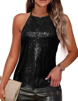 Traleubie Womens Tank Tops Sleeveless Camisole Halter Neck Sparkly Sequin Tops for Women