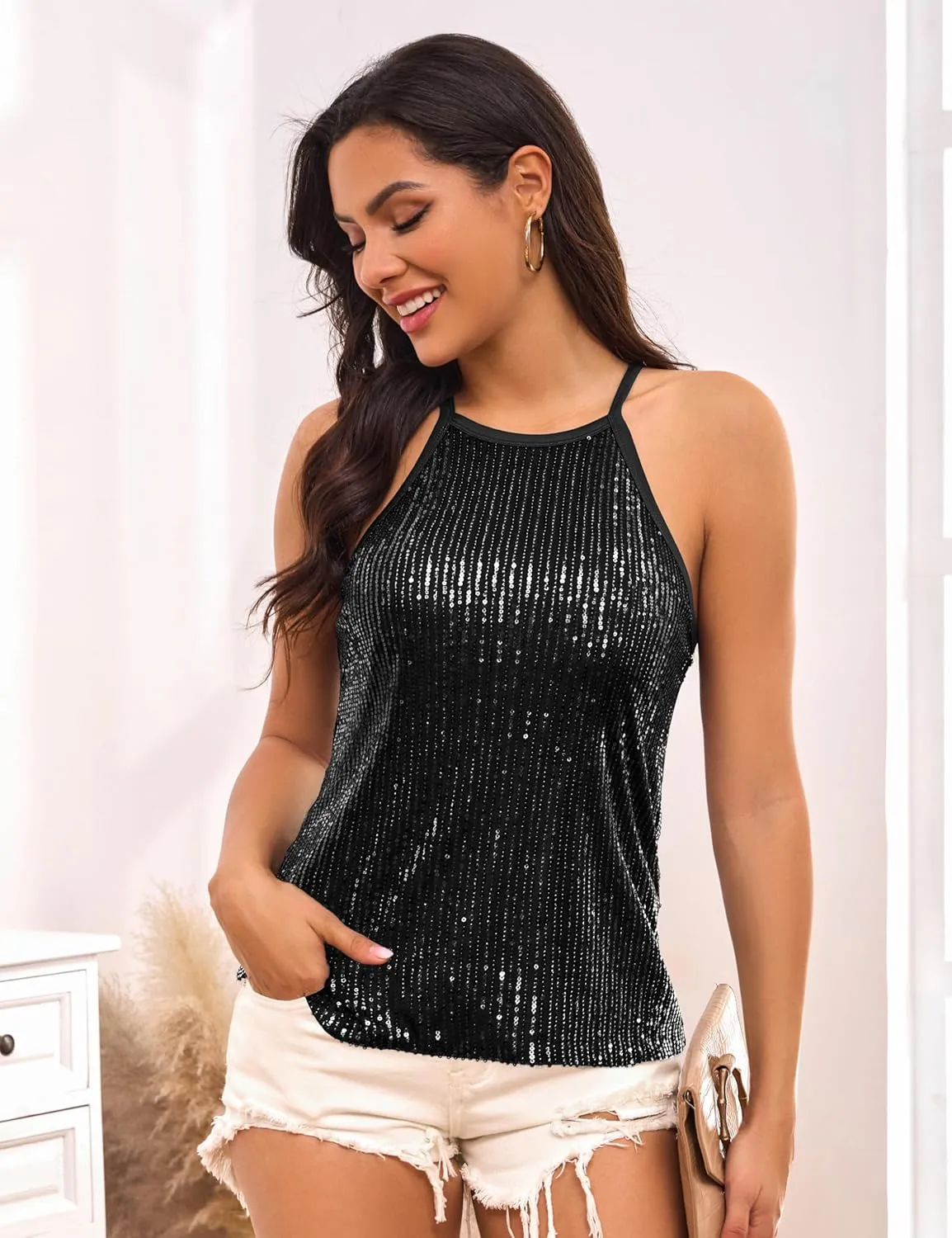 Traleubie Womens Tank Tops Sleeveless Camisole Halter Neck Sparkly Sequin Tops for Women