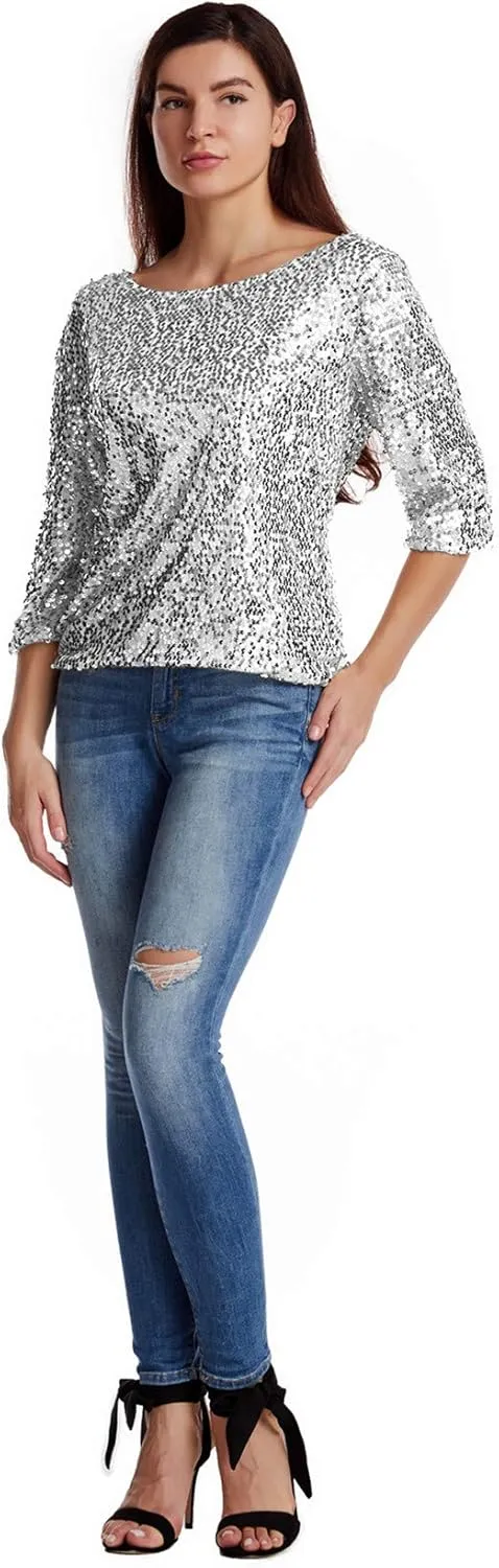 Women Sequin Sparkle Glitter Tank Cocktail Party Tops Shining T-Shirt Blouses