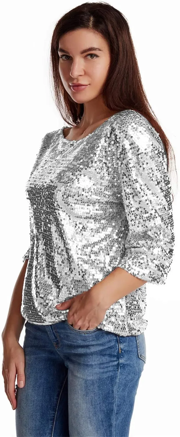 Women Sequin Sparkle Glitter Tank Cocktail Party Tops Shining T-Shirt Blouses