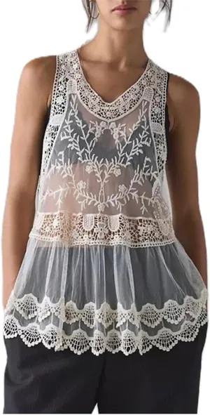 Women Summer Boho Tie Front Lace Trim Tank Tops Y2k Flowy Frilly Chiffon Vest Beach Button Ruffle Eyelet Tank Tops
