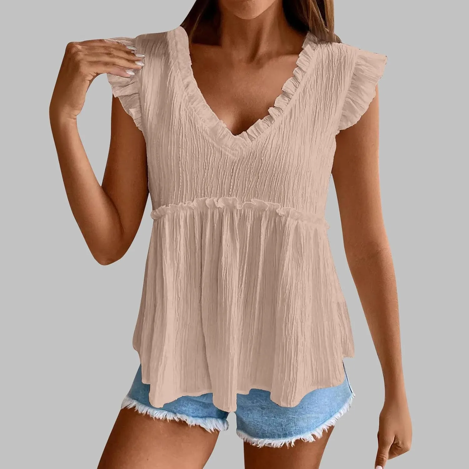 Womens Babydoll Tank Tops V Neck Ruffle Sleeve Pleated Peplum Shirts Summer Casual Boho Flutter Flowy Tank Tops