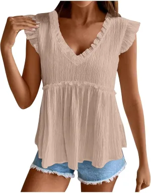 Womens Babydoll Tank Tops V Neck Ruffle Sleeve Pleated Peplum Shirts Summer Casual Boho Flutter Flowy Tank Tops