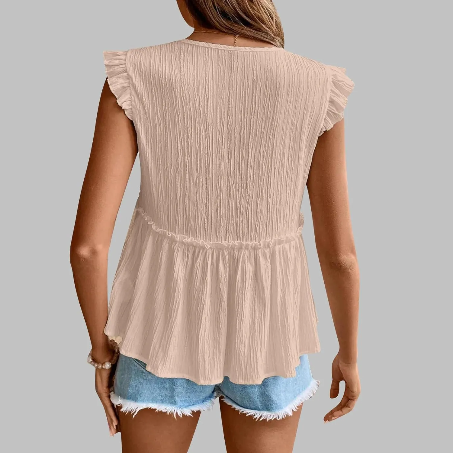 Womens Babydoll Tank Tops V Neck Ruffle Sleeve Pleated Peplum Shirts Summer Casual Boho Flutter Flowy Tank Tops