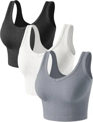 Womens Crop Tops Basic Sleeveless Both V-Neck and Round Neck 3 Pieces Black White Ribbed Seamless Casual Cami Tank Tops