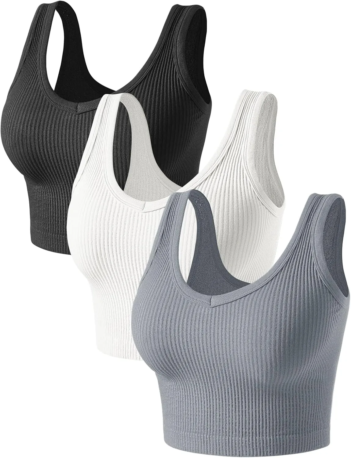 Womens Crop Tops Basic Sleeveless Both V-Neck and Round Neck 3 Pieces Black White Ribbed Seamless Casual Cami Tank Tops