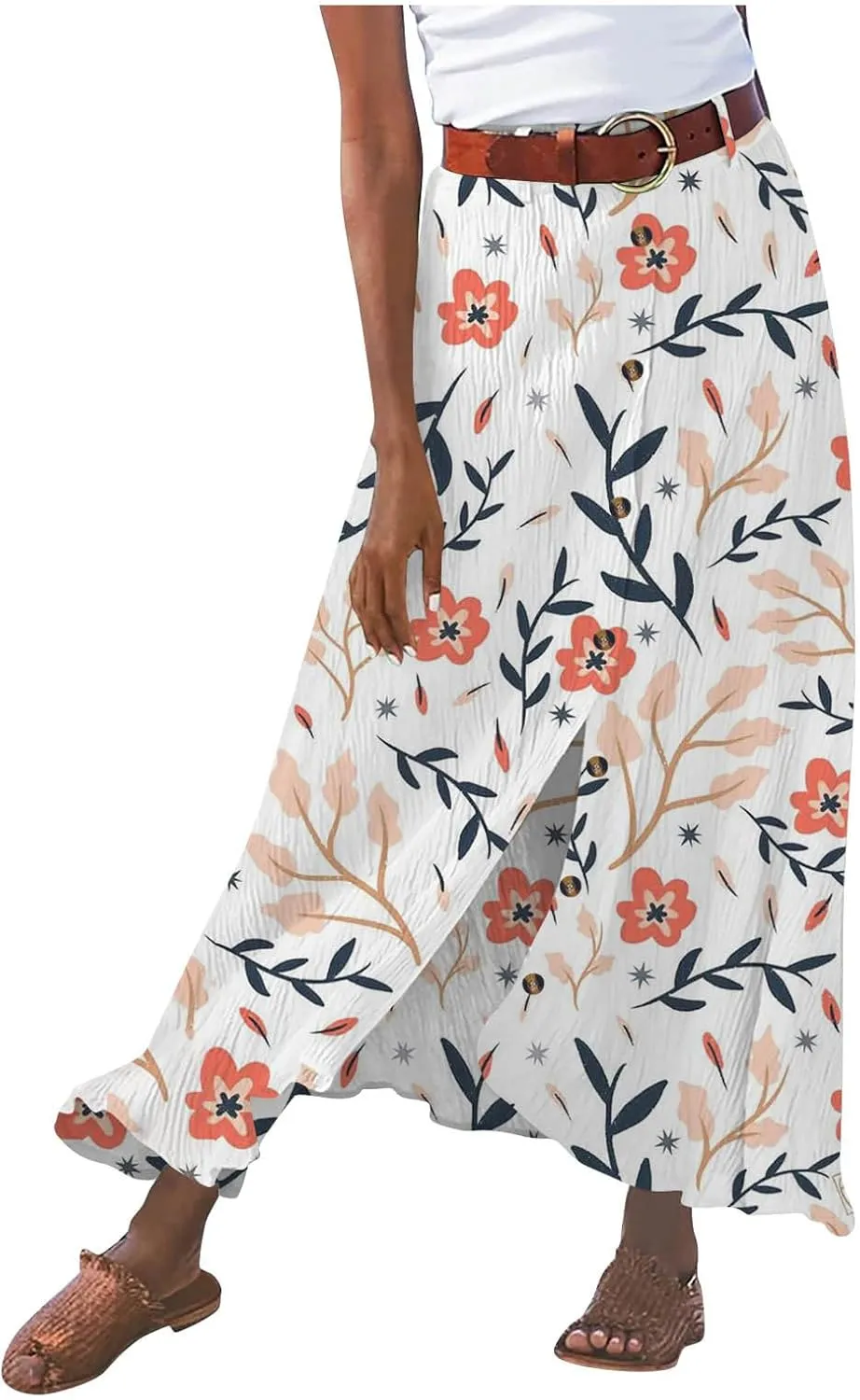 Women's Flowy Boho Button Front Maxi Skirt Summer Cotton Linen Floral Casua Loose A-Line Beach Long Skirt