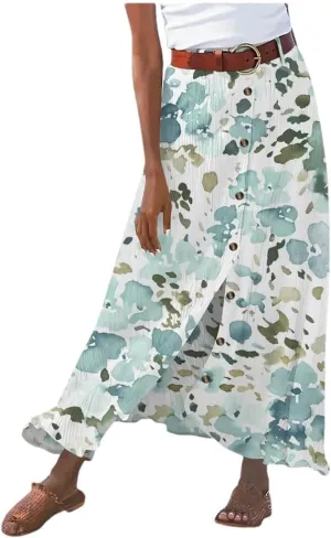 Women's Flowy Boho Button Front Maxi Skirt Summer Cotton Linen Floral Casua Loose A-Line Beach Long Skirt