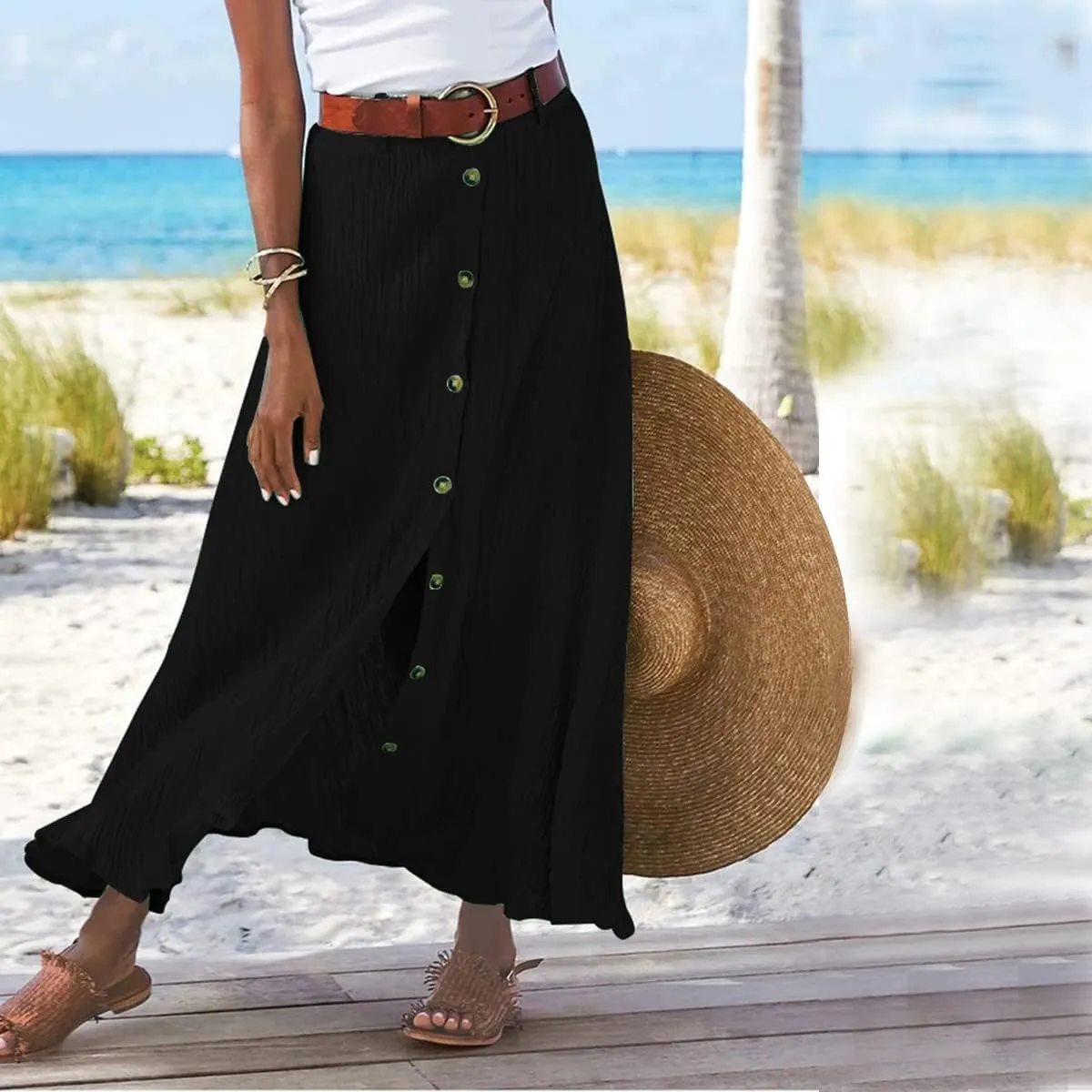 Women's Flowy Boho Button Front Maxi Skirt Summer Cotton Linen Floral Casua Loose A-Line Beach Long Skirt