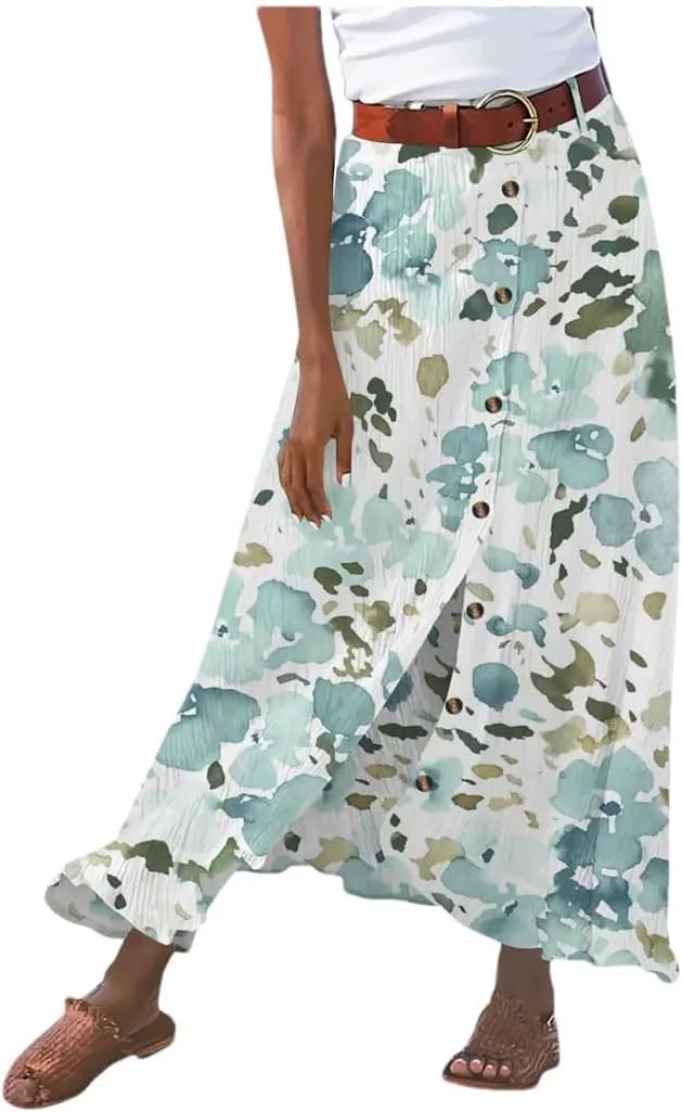 Women's Flowy Boho Button Front Maxi Skirt Summer Cotton Linen Floral Casua Loose A-Line Beach Long Skirt