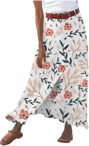 Women's Flowy Boho Button Front Maxi Skirt Summer Cotton Linen Floral Casua Loose A-Line Beach Long Skirt