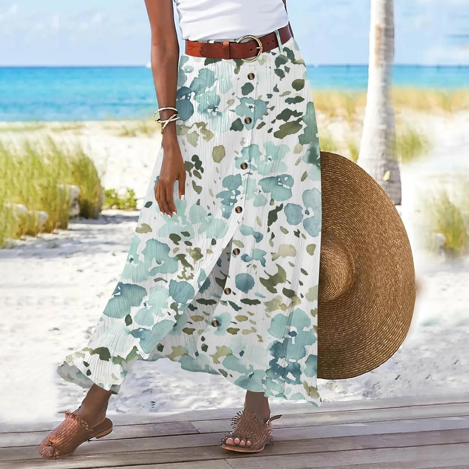 Women's Flowy Boho Button Front Maxi Skirt Summer Cotton Linen Floral Casua Loose A-Line Beach Long Skirt