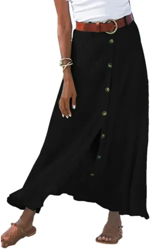 Women's Flowy Boho Button Front Maxi Skirt Summer Cotton Linen Floral Casua Loose A-Line Beach Long Skirt