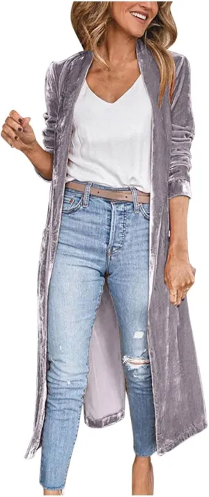 Women's Long Velvet Cardigan Jacket Lapel Collar Open Front Vintage Cardigan 2024 Trendy Solid Color Casual Long Top