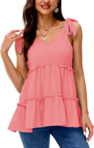Women's Peplum Summer Tie Strap Shirt Ruffle Sleeveless V Neck Swing Blouse Top Pink XXL