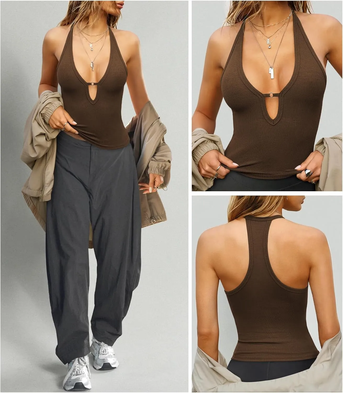 Women's Sexy Deep V Neck Halter Tops for Women Ribbed Racerback Tank Slim Fit Trendy Y2k Summer Going Out Sleeveless Top