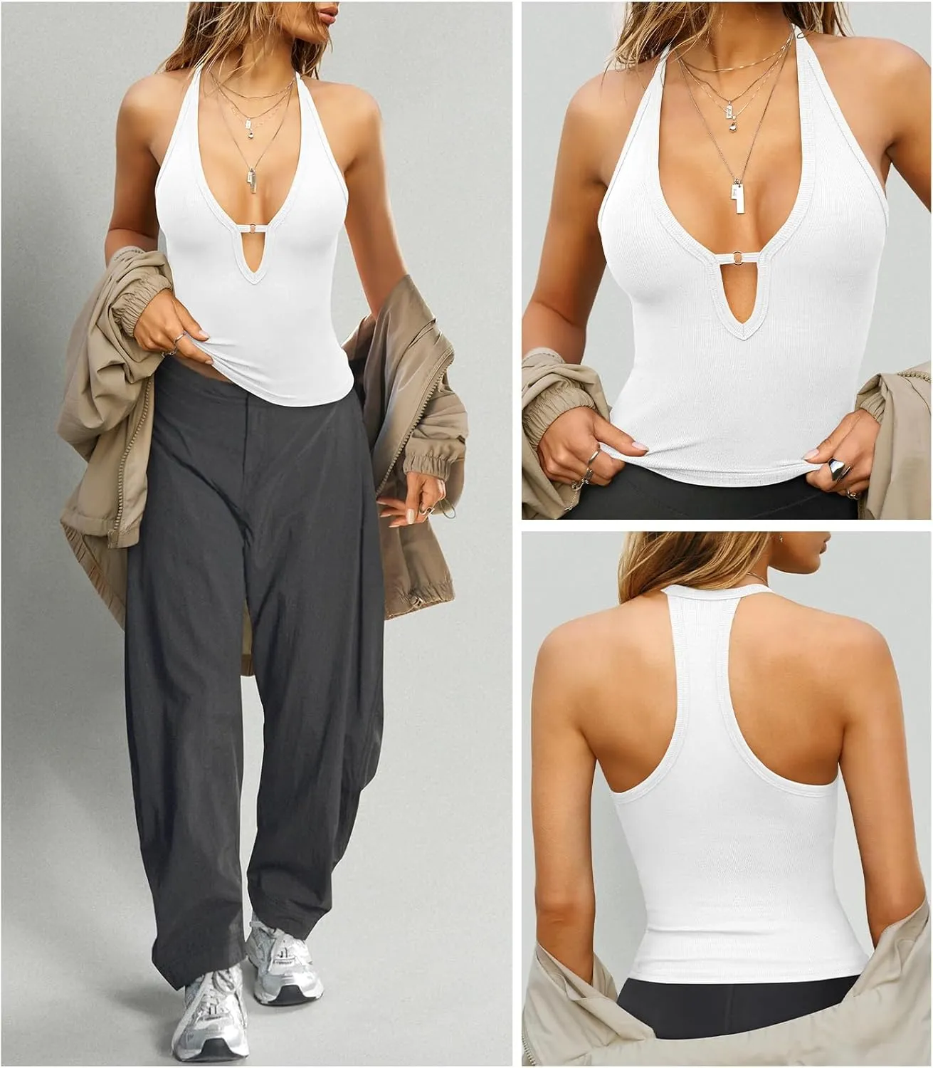 Women's Sexy Deep V Neck Halter Tops for Women Ribbed Racerback Tank Slim Fit Trendy Y2k Summer Going Out Sleeveless Top