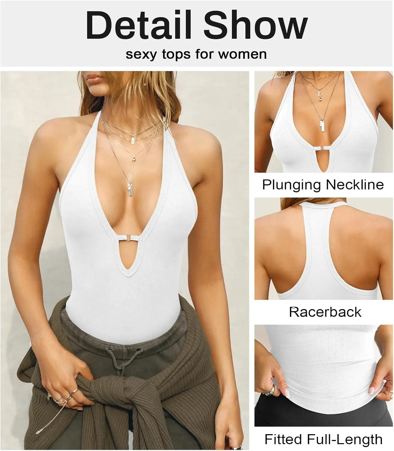 Women's Sexy Deep V Neck Halter Tops for Women Ribbed Racerback Tank Slim Fit Trendy Y2k Summer Going Out Sleeveless Top