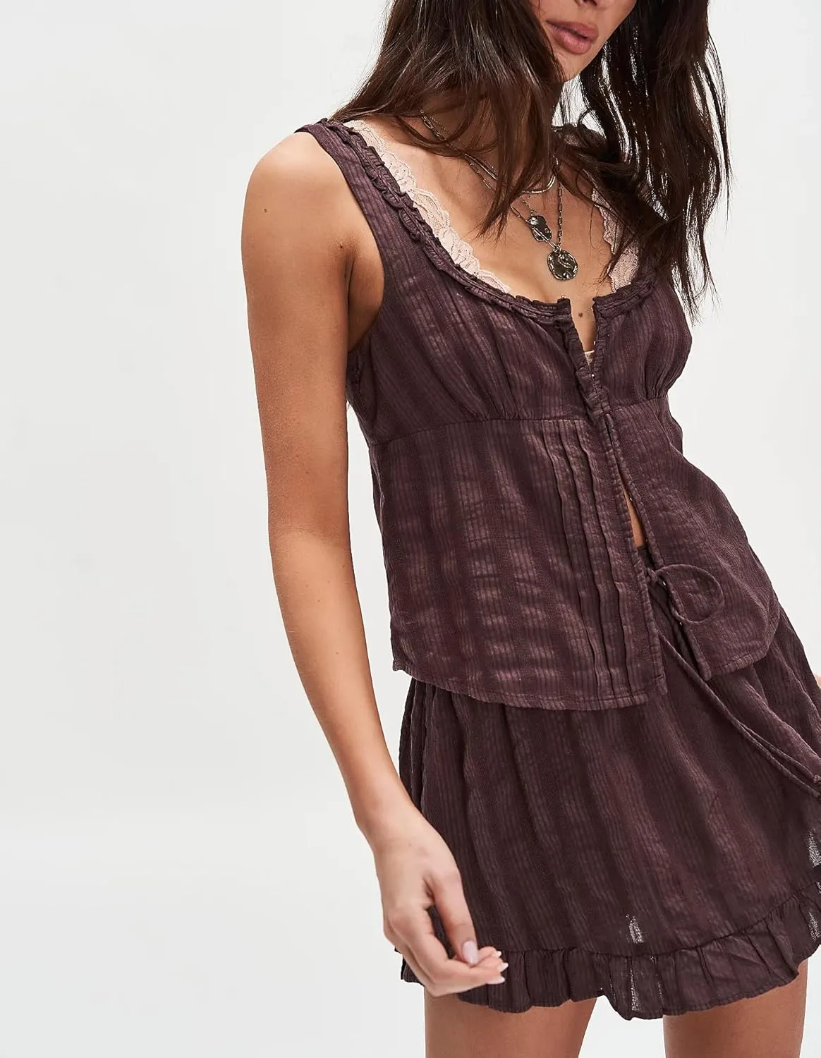 Womens Summer Flowy Tank Top with Lace Trim Button Down Chiffon Cami Shirt Boho Tie Front Ruffle Tank Crop Tops