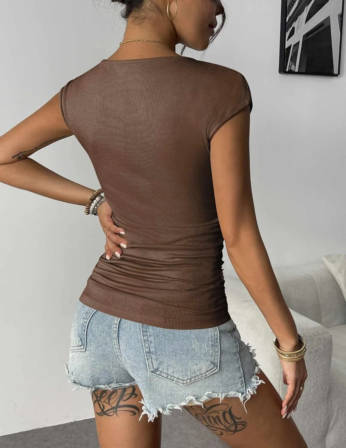 Zeagoo Womens Tank Tops Ribbed Knit Crew Neck Shirts Cap Sleeve Slim Fitted Ruched Basic Tees