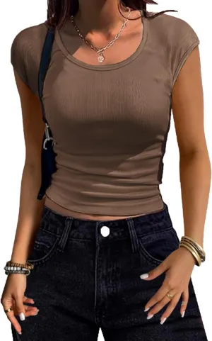 Zeagoo Womens Tank Tops Ribbed Knit Crew Neck Shirts Cap Sleeve Slim Fitted Ruched Basic Tees